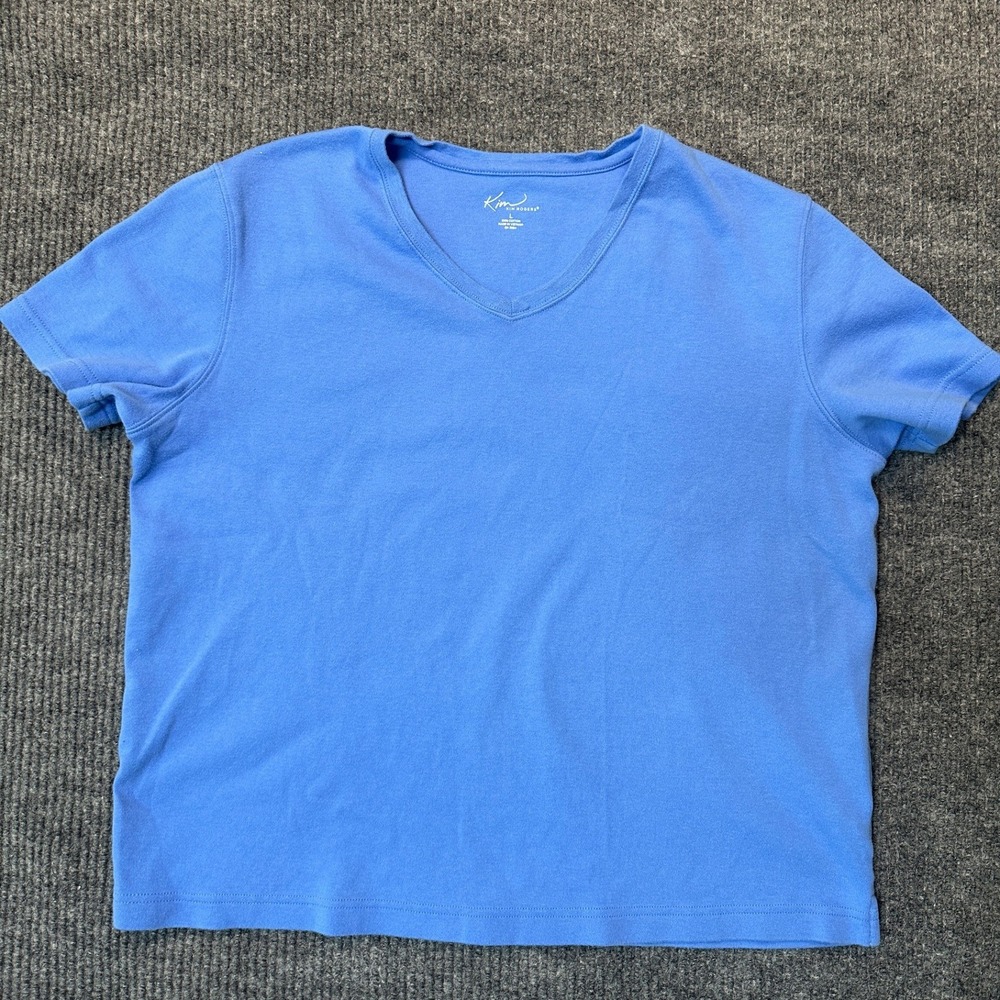 Kim Rogers V-Neck T-Shirt Large Blue 100% Cotton Short Sleeve Tee